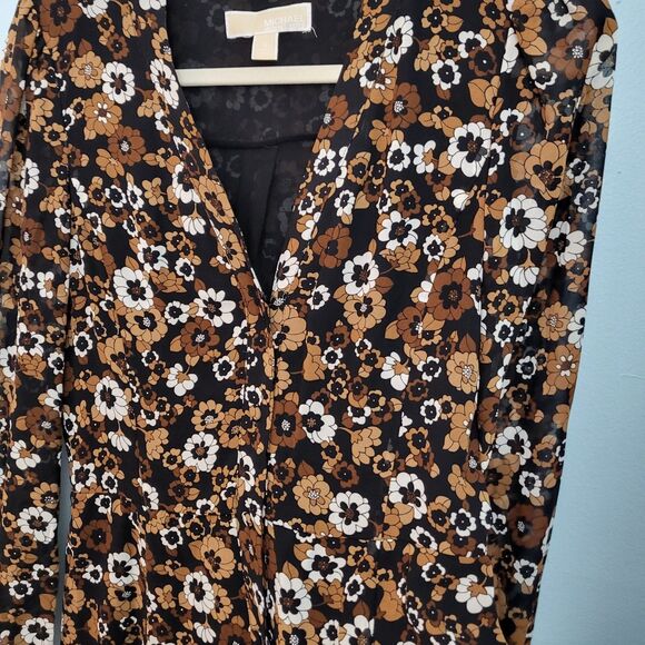 MICHAEL KORS Midi Dress Womens S 4 6 Button Up Brown Floral Long Sleeve V-Neck - Picture 3 of 7